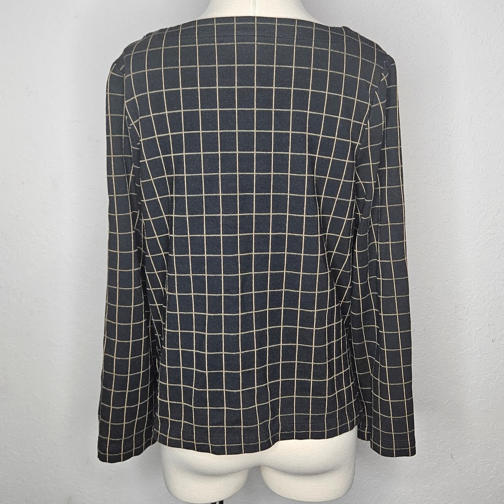 J. Jill Ponte Windowpane Top Black Tan Button Sleeve Boat Neck Womens Medium P - Picture 5 of 9